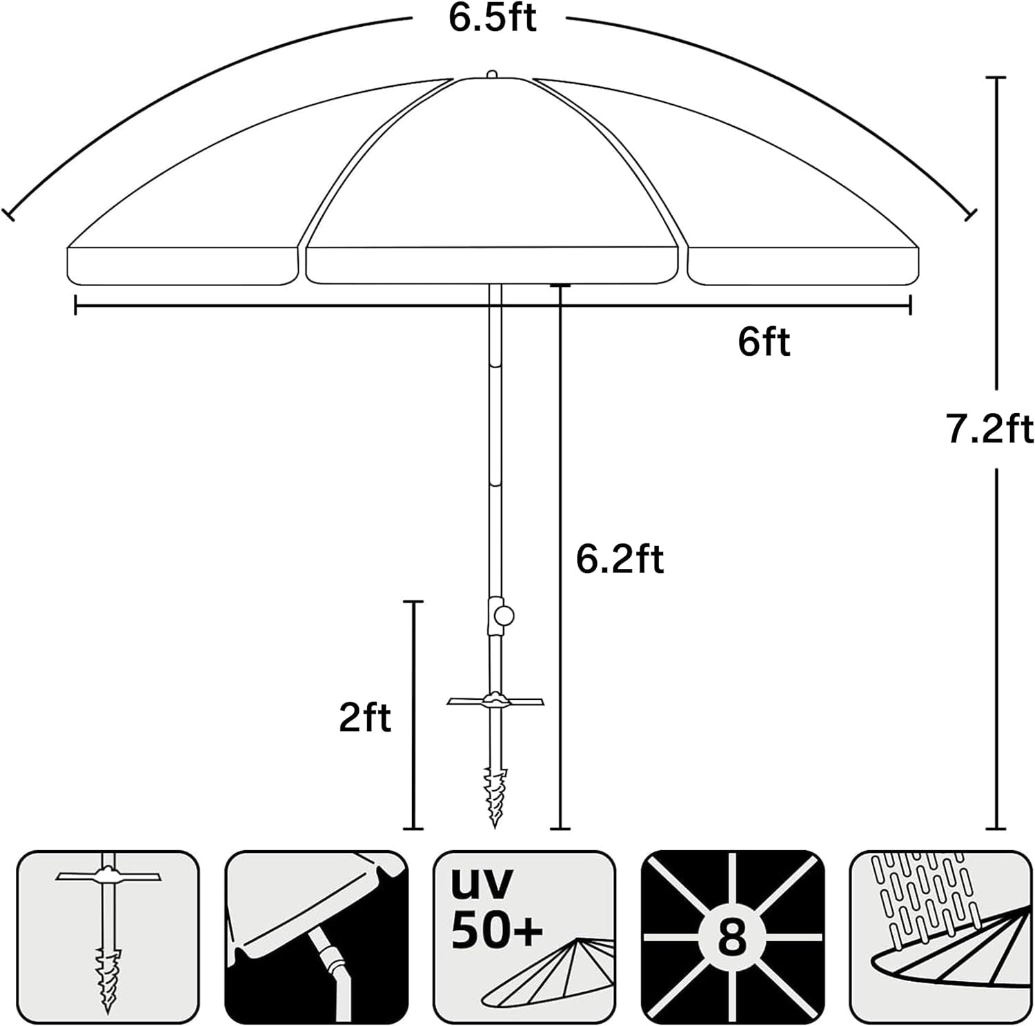 6.5Ft Portable Beach Umbrella With Sand Anchor And Tilt