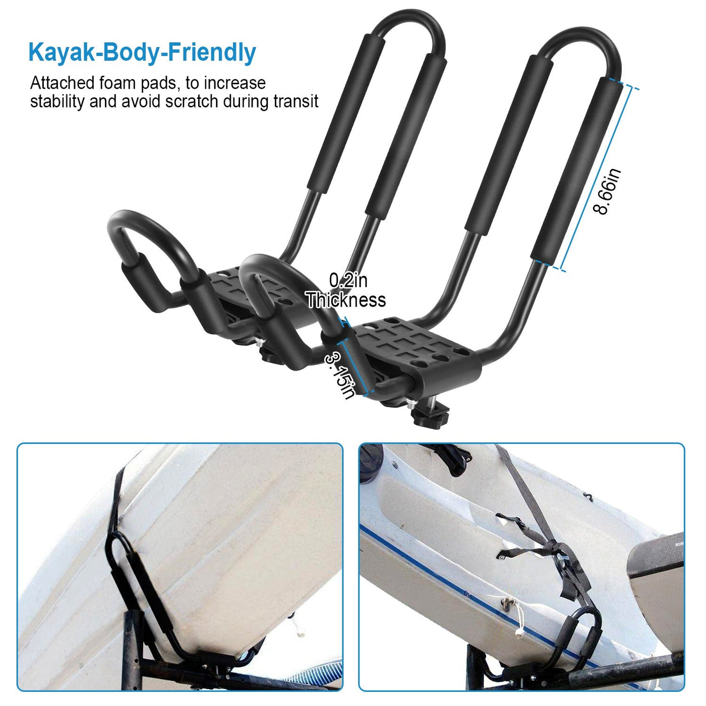 1 Pair Universal J-Bar Kayak Carrier 220LBS Load Heavy Duty Canoe Car