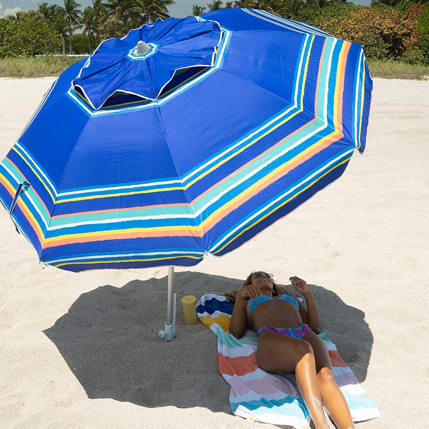 7Ft Heavy Duty Beach Umbrella UV 50 With Sand Anchor Tilt