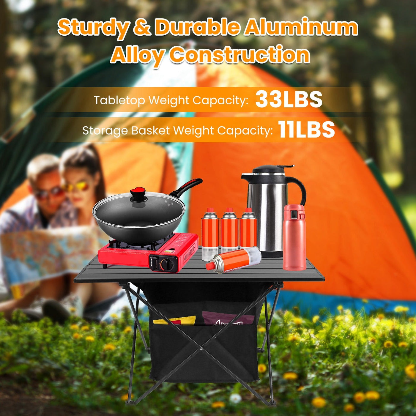 1Pc Foldable Camping Table With Storage Basket Rustproof Portable